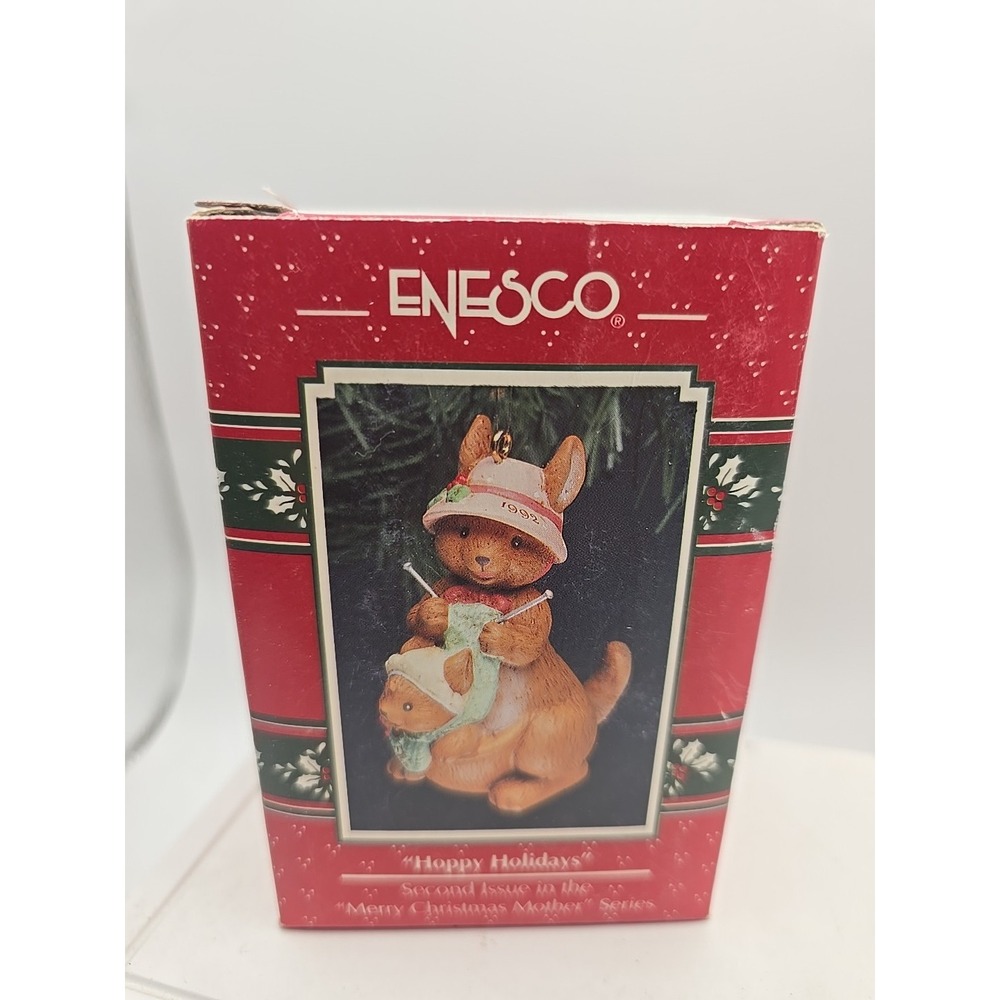 Enesco Christmas Ornament HOPPY HOLIDAYS 1992 MERRY MOTHER Kangaroo Knitting Box